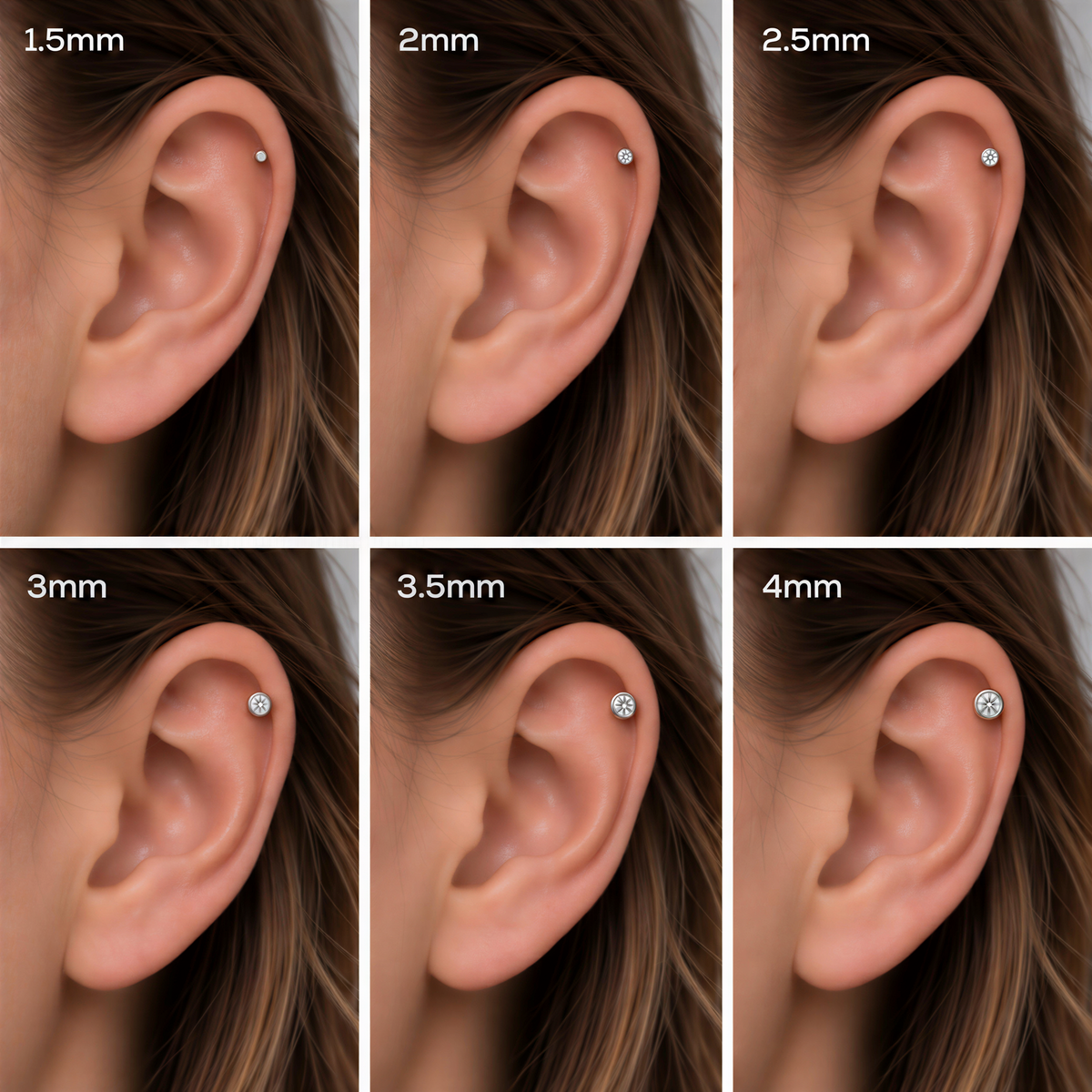 The image is a collage of six images showing different sizes of earrings with a diamond in the center.