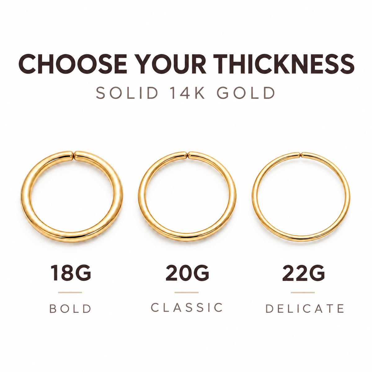 three gold hoop earrings of different sizes, labeled as 18G, 20G, and 22G, with the text "CHOOSE YOUR THICKNESS SOLID 14K GOLD" above them.