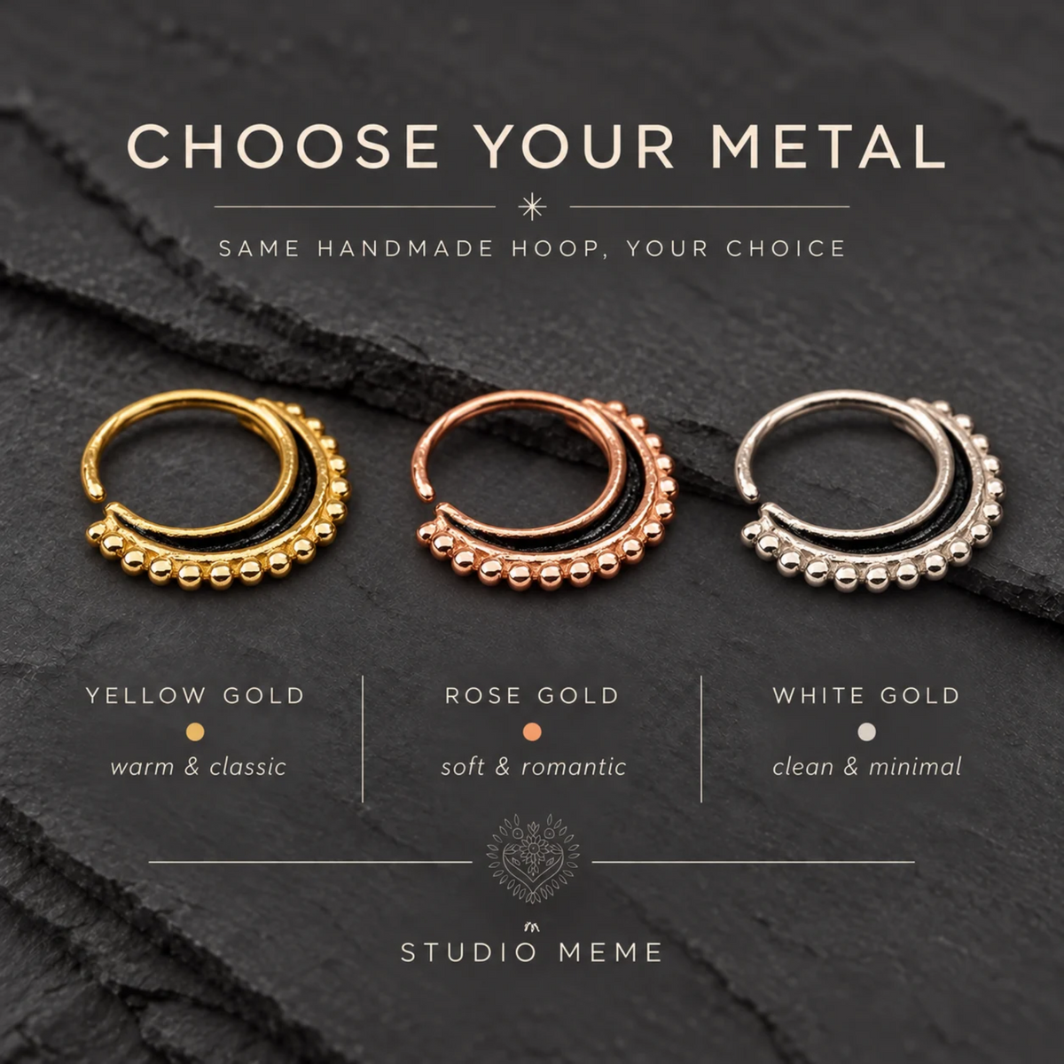 three different metal hoop earrings with varying colors and designs, arranged on a dark background.
