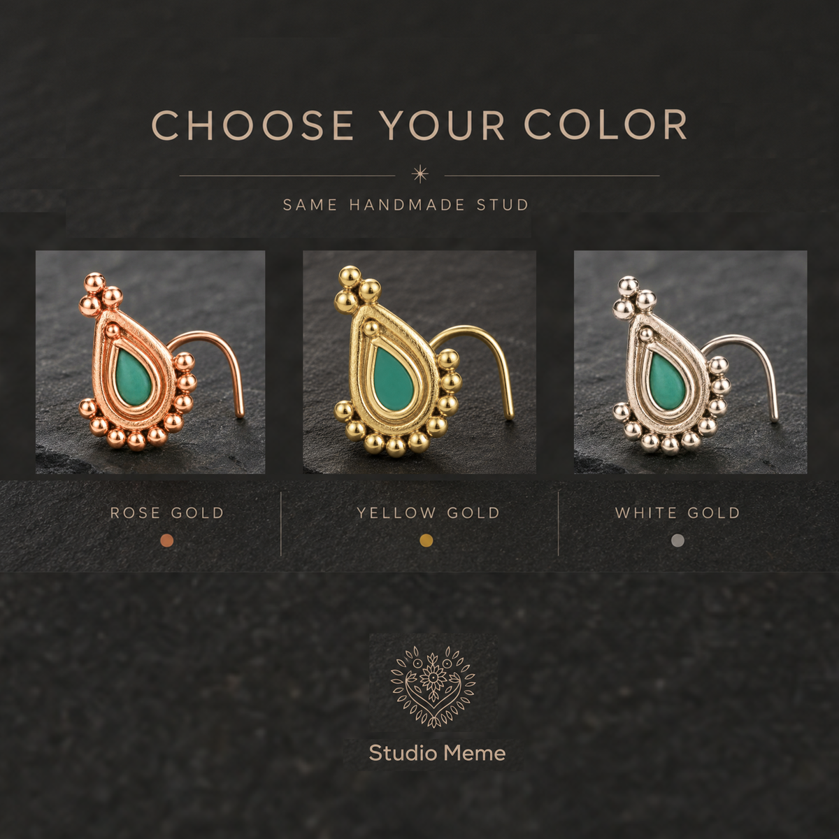 three different types of handmade studs in various colors: rose gold, yellow gold, and white gold.