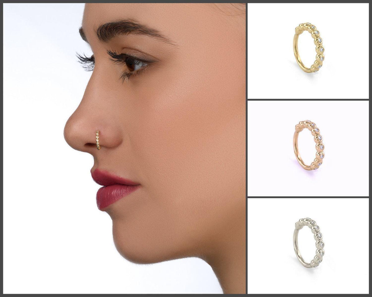 A collage of three images showing a woman's face with a nose ring, and two images of rings.