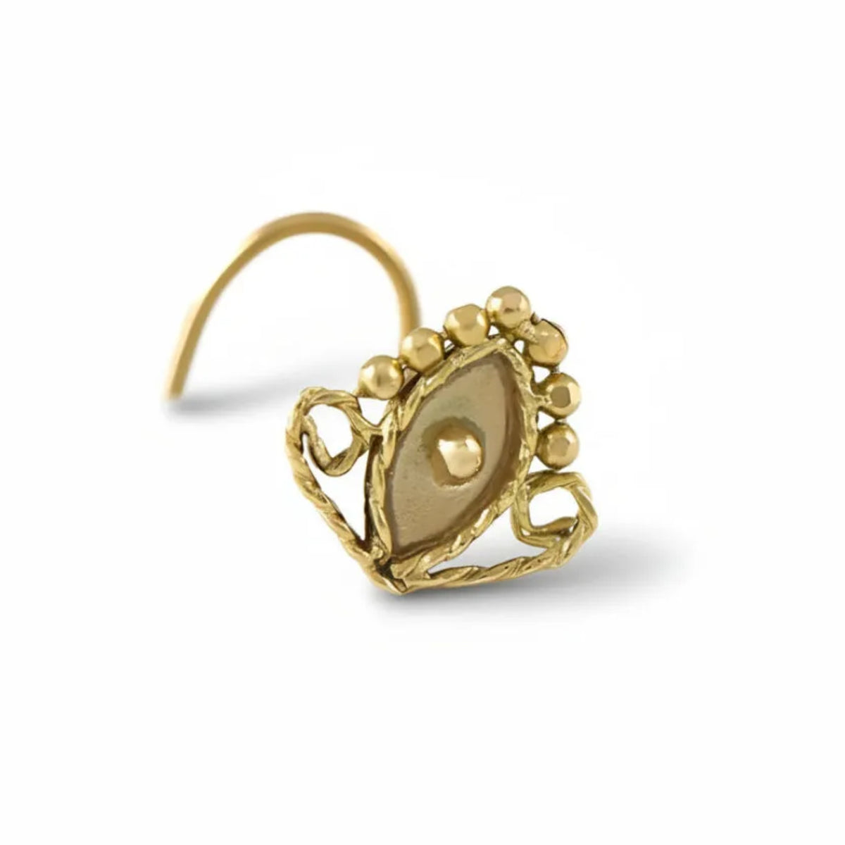 A gold-colored ornate earring with a decorative design and a small gemstone in the center.