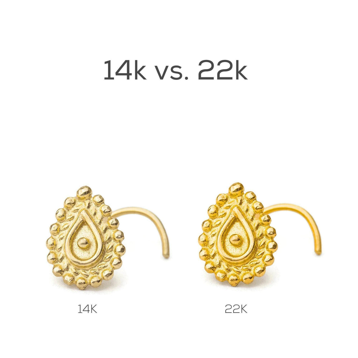 two gold nose piercings, one 14k and one 22k, with the text "14k vs. 22k" above them.