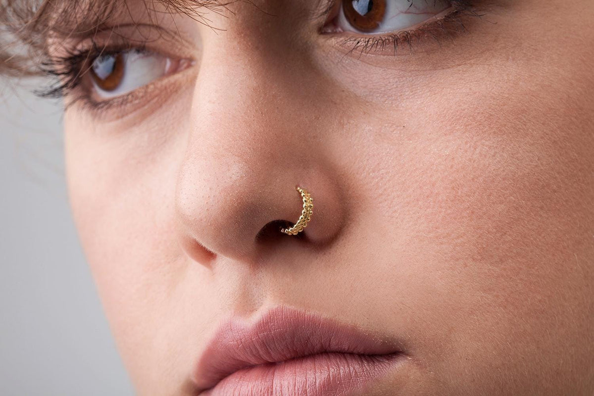 A close-up of a woman's face, focusing on her nose and lips.