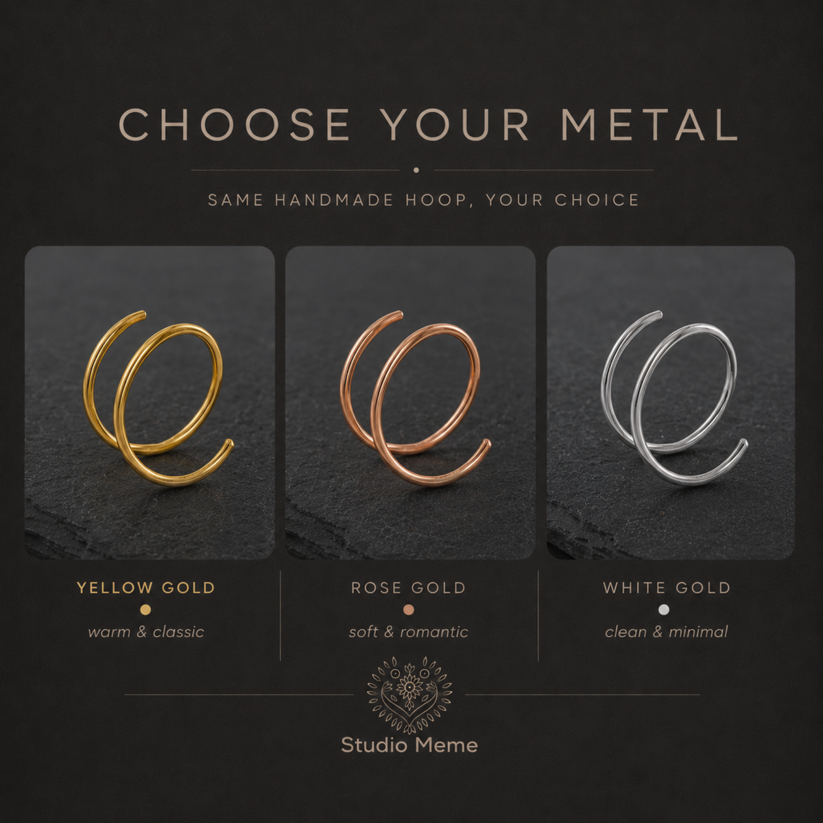 three different types of metal hoop earrings, each with a unique color and design, along with a caption describing the differences between them.