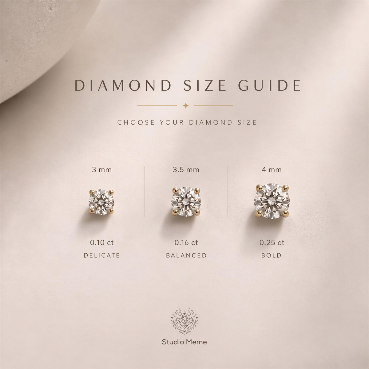 The image is a diamond size guide that provides information on the size of three different diamond earrings.