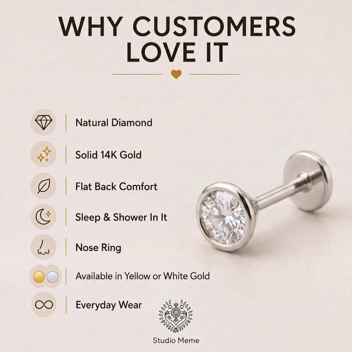 The image is an advertisement for a jewelry product, specifically a diamond-encrusted nose ring. It features a close-up of the nose ring and highlights its features, such as the natural diamond, 14k gold, flat back comfort, sleep and shower in it, nose ring, availability in yellow or white gold, and everyday wear. The text "WHY CUSTOMERS LOVE IT" emphasizes the appeal of the product, while the "Studio Meme" logo suggests the brand or company associated with the product.