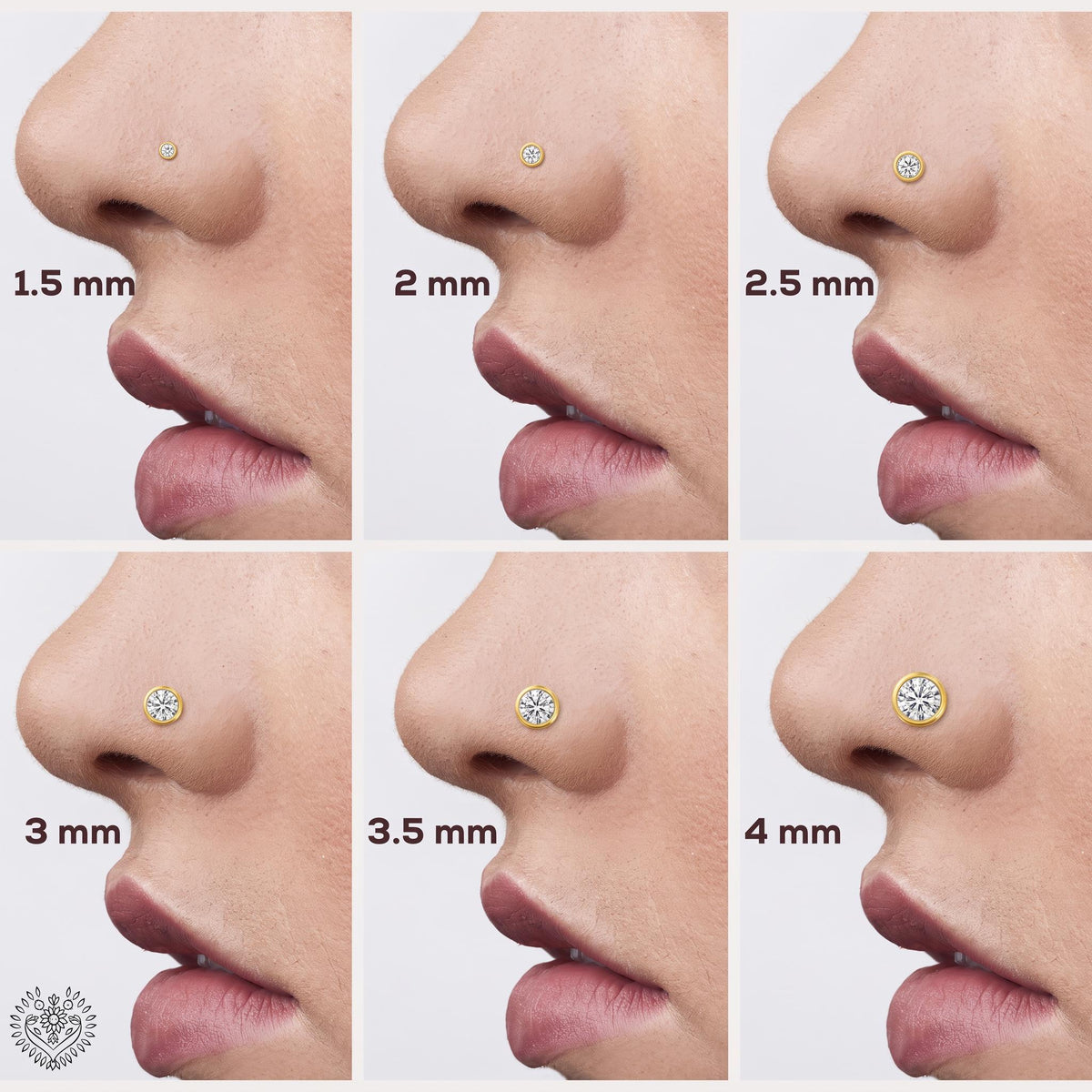 The image is a collage of six images showing the size of nose piercings in millimeters, ranging from 1.5 to 4.