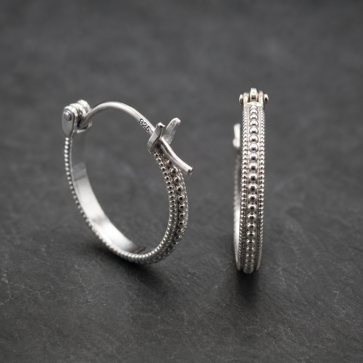 Beaded Silver Hoop Earrings · 12mm Gold Vermeil Granulated Hoops