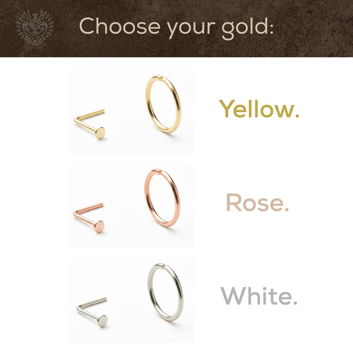 a selection of nose piercings in various colors, including yellow, rose, and white.