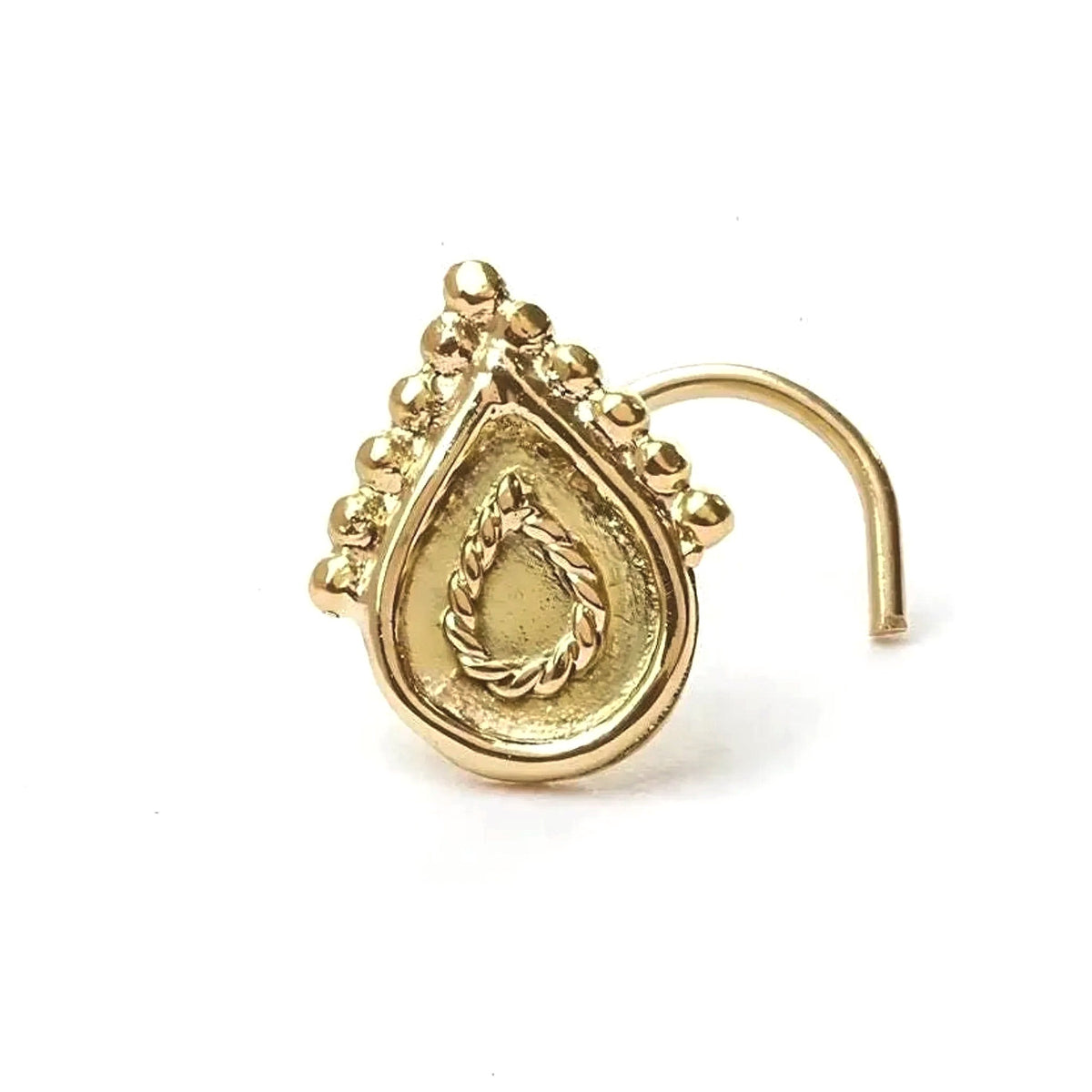 Indian Style Nose Stud: A gold-colored nose stud with a decorative design on the front.
