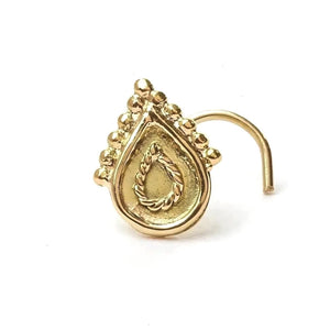 Indian Style Nose Stud: A gold-colored nose stud with a decorative design on the front.