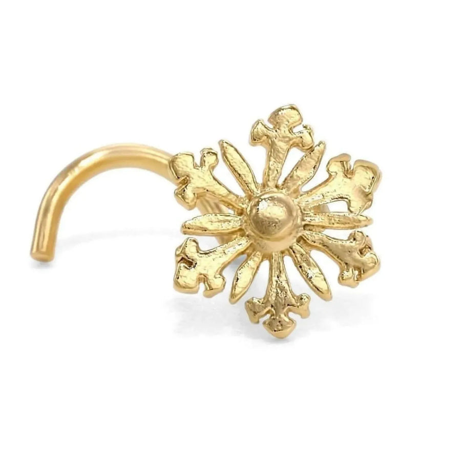 Large Gold Nose Ring - Solid 14k Gold Snowflake Nose Stud with Corkscrew Back