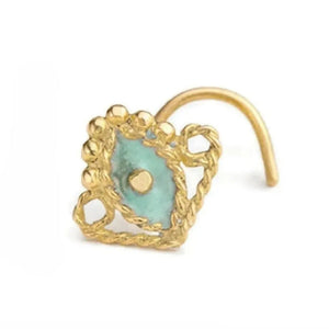 A gold-colored nose ring with a turquoise stone in the center, accompanied by a measurement scale indicating the length of the nose ring is 8 millimeters (5/16 inch).