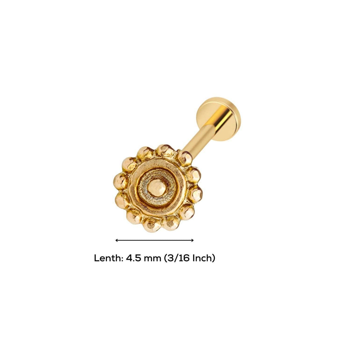 A gold-colored metal piercing, possibly a nose or lip piercing, with a decorative design on the center. The image provides the dimensions of the piercing in millimeters, with the length being 4.5 mm (3/16 inch).