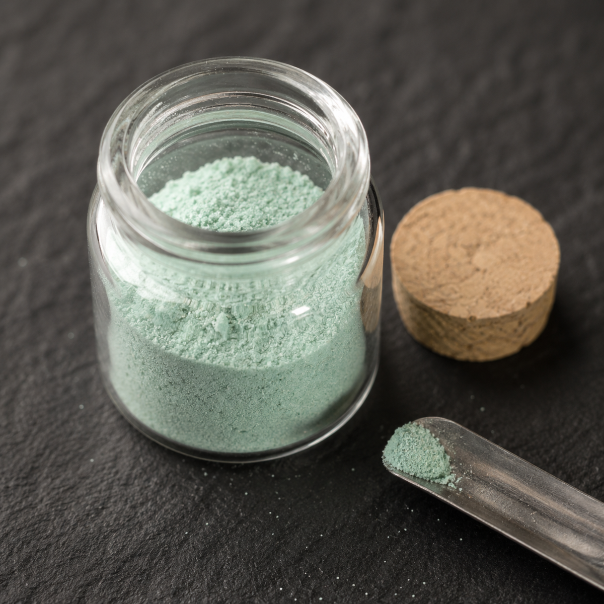 A glass jar filled with a pale green powder substance, accompanied by a cork stopper and a metal spoon on a dark surface.