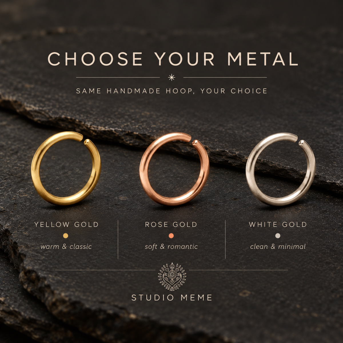 three different types of metal hoop earrings, each with a unique color and description, against a dark background.