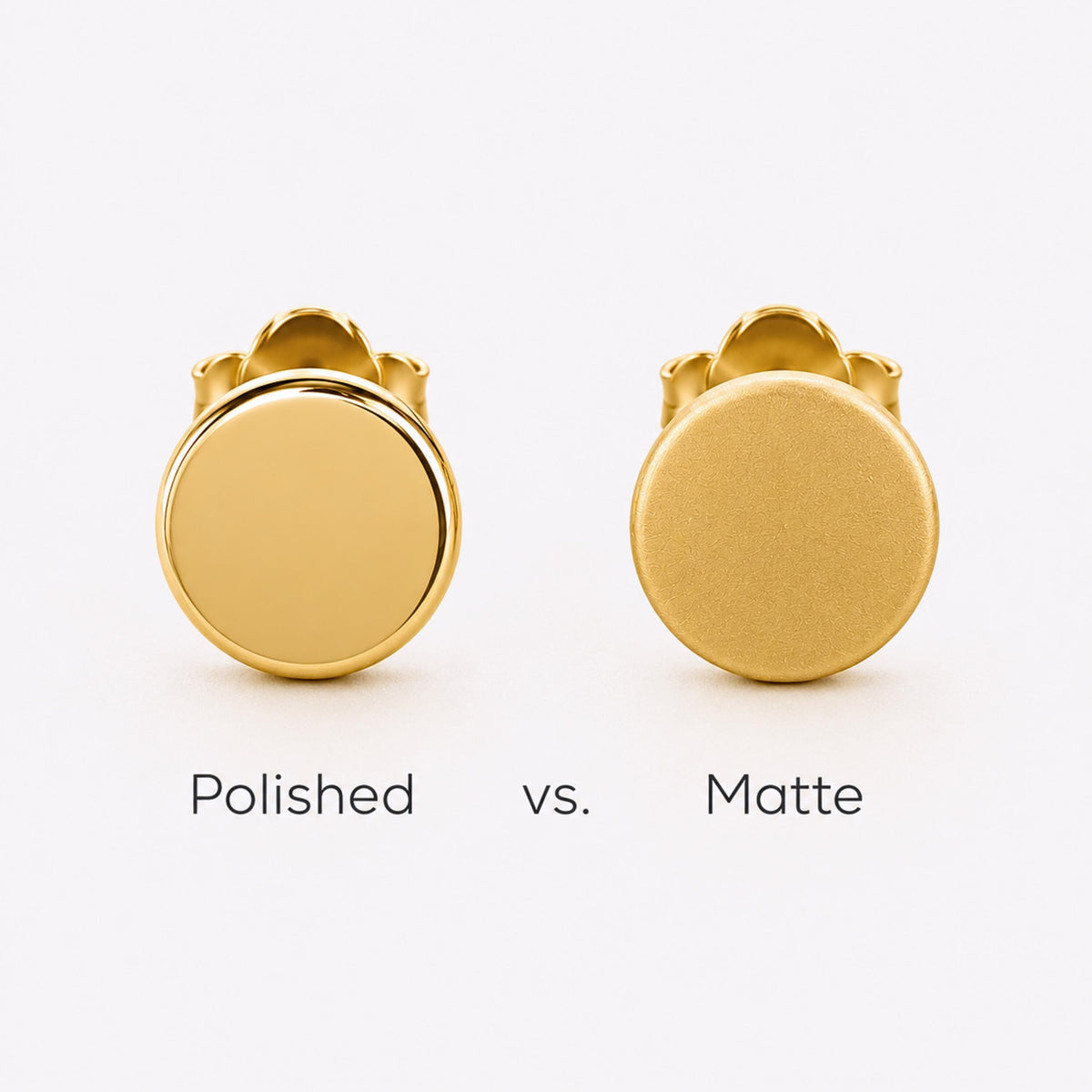 two gold earrings, one polished and one matte, side by side to compare their appearance.