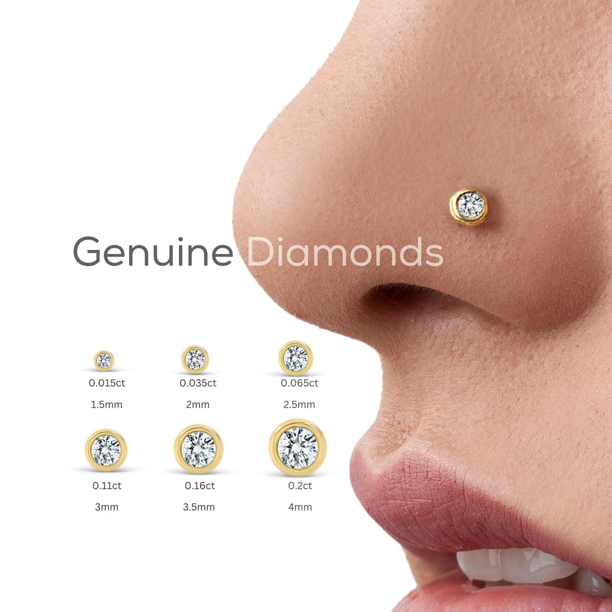 The image is a close-up of a person's nose with a size chart for genuine diamonds.