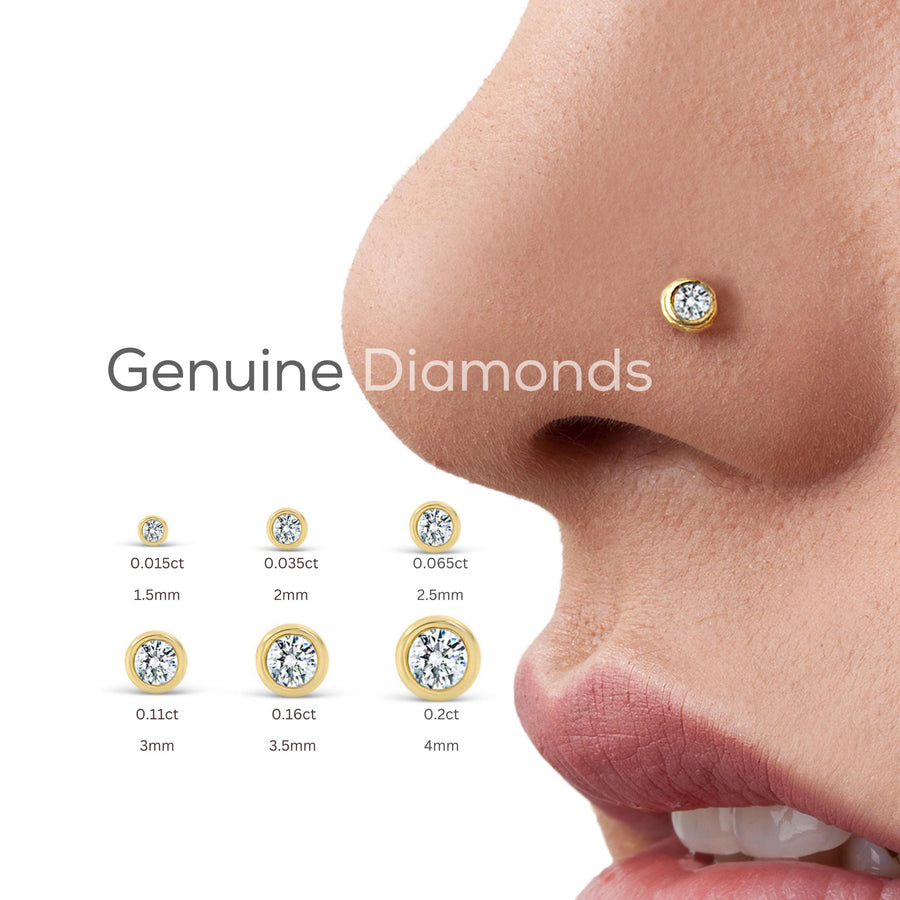 Diamond Nose Stud, 14K Solid Gold Bezel - 18G Flat Back, 1.5–4mm
