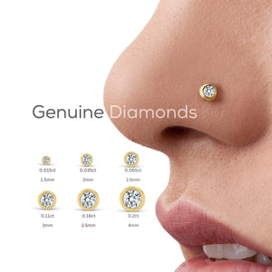 The image is a close-up of a person's nose with a size chart for genuine diamonds.