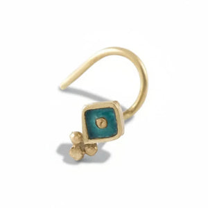 Artistic Enamel Nose Stud: A gold-colored earring with a blue gemstone and a small decorative element attached to it.