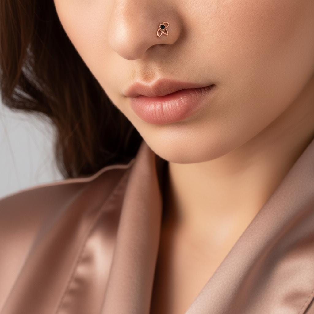 A close-up of a woman's face, focusing on her nose and lips, with a pink satin robe visible.
