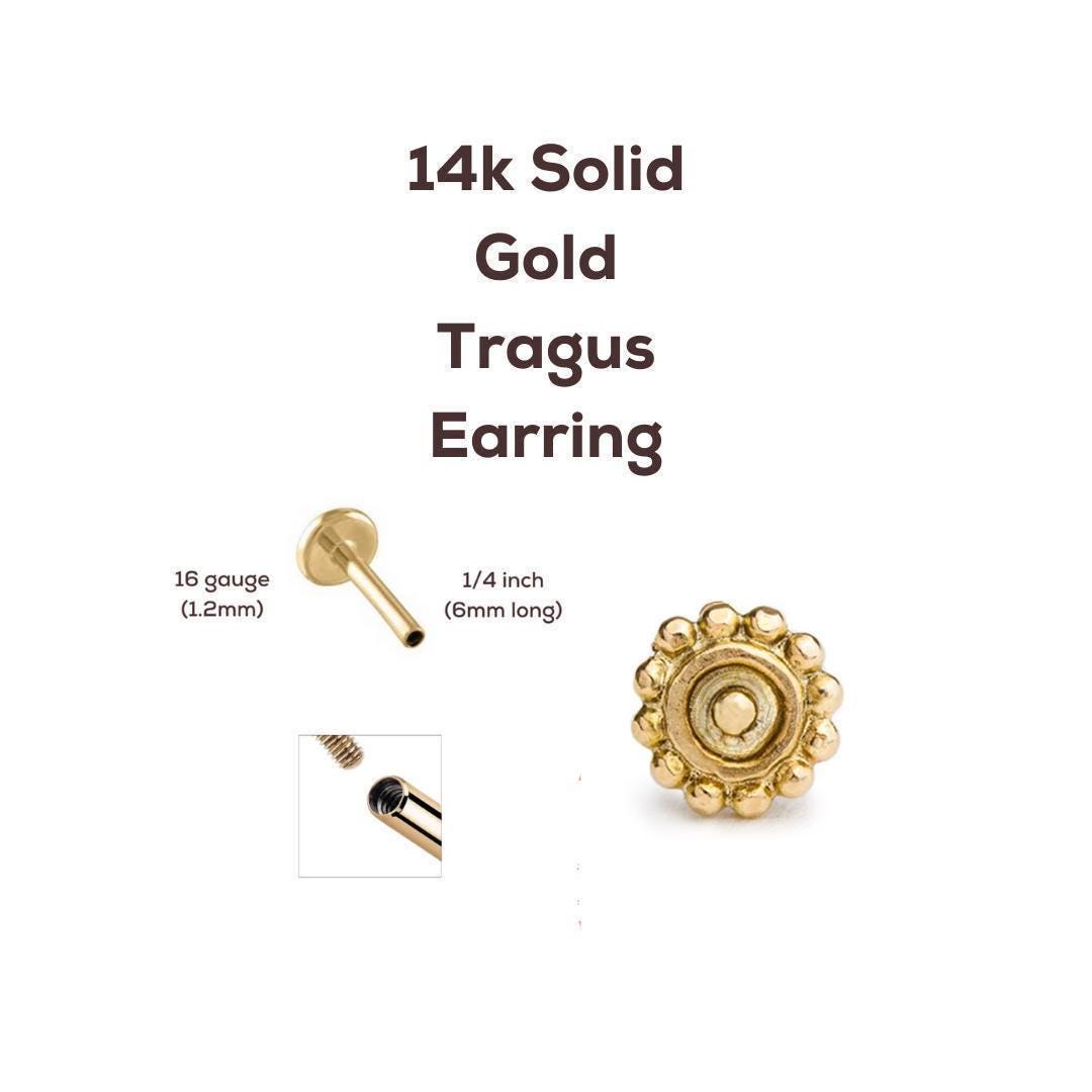 The image is a collage of three images depicting different types of gold earrings, including a 14k solid gold Tragus earring, a 16 gauge earring, and a 1/4 inch Tragus earring.