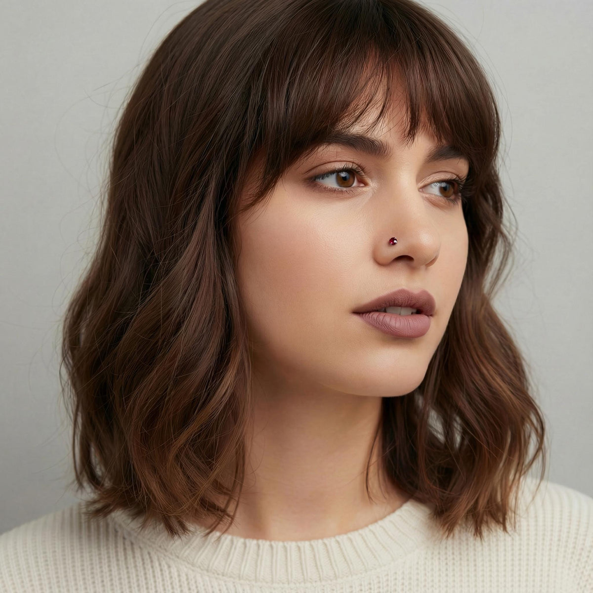 A close-up portrait of a woman with long, wavy brown hair and bangs, wearing a white sweater.
