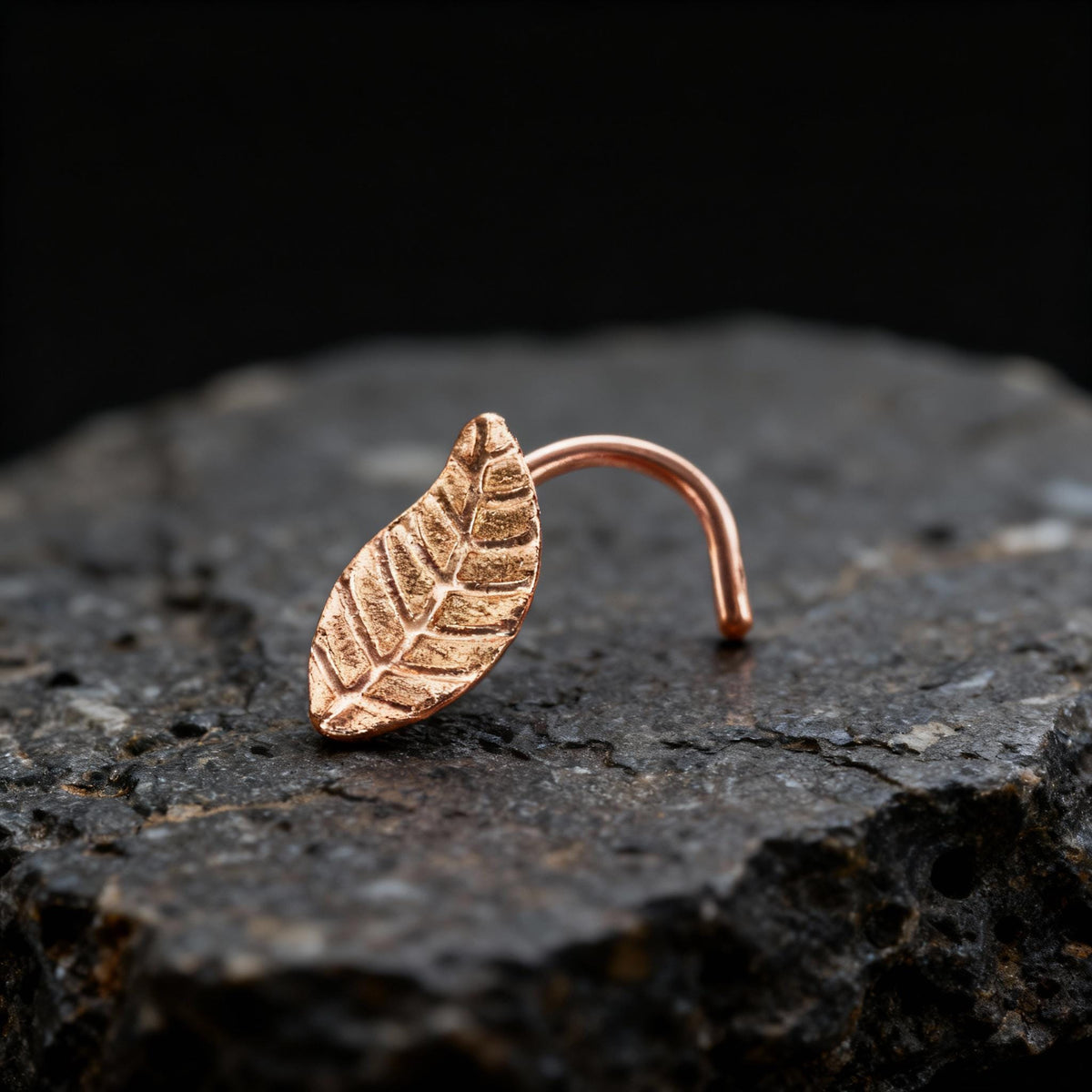 Leaf Nose Stud: A gold leaf-shaped nose ring is resting on a dark, rocky surface.