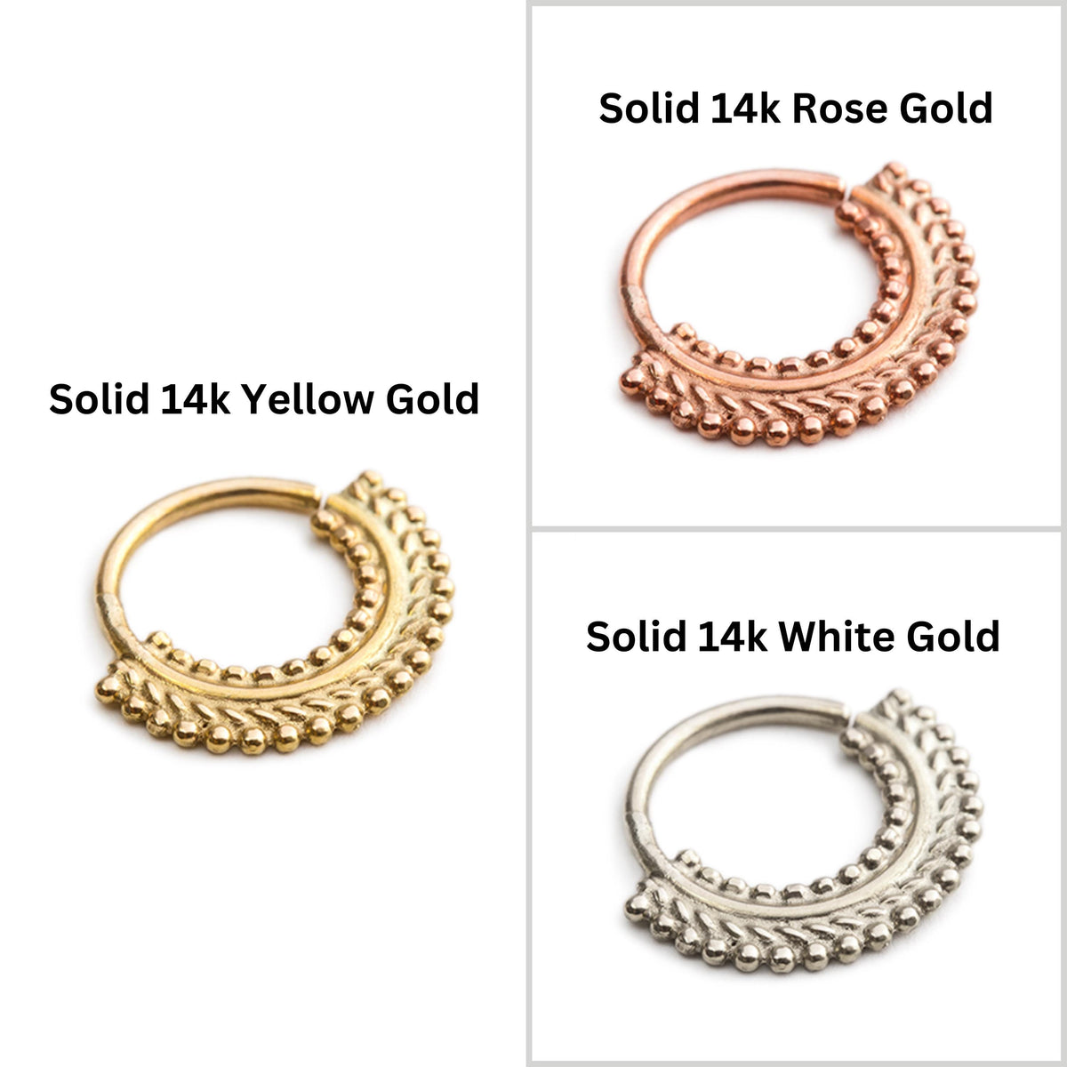 three different types of 14k gold nose rings, each with a unique design and color.
