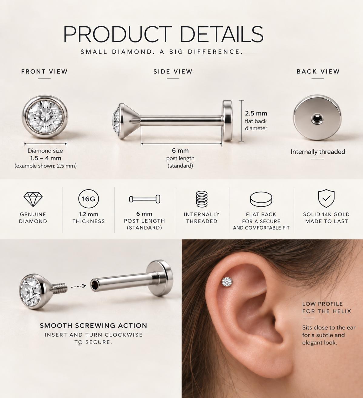 Diamond Helix Earring - 14K Gold Bezel Flat Back Stud