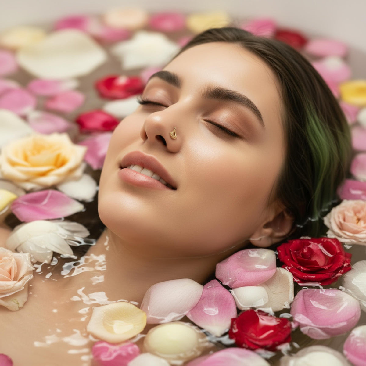 A woman is lying in a bathtub filled with colorful rose petals, surrounded by the petals.