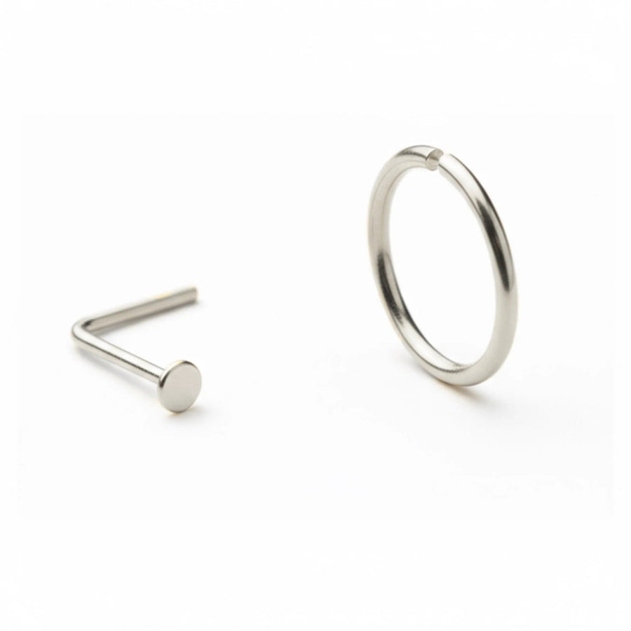 14k White Gold Nose Ring - Delicate Gold Hoop And Flat Disk Stud Set