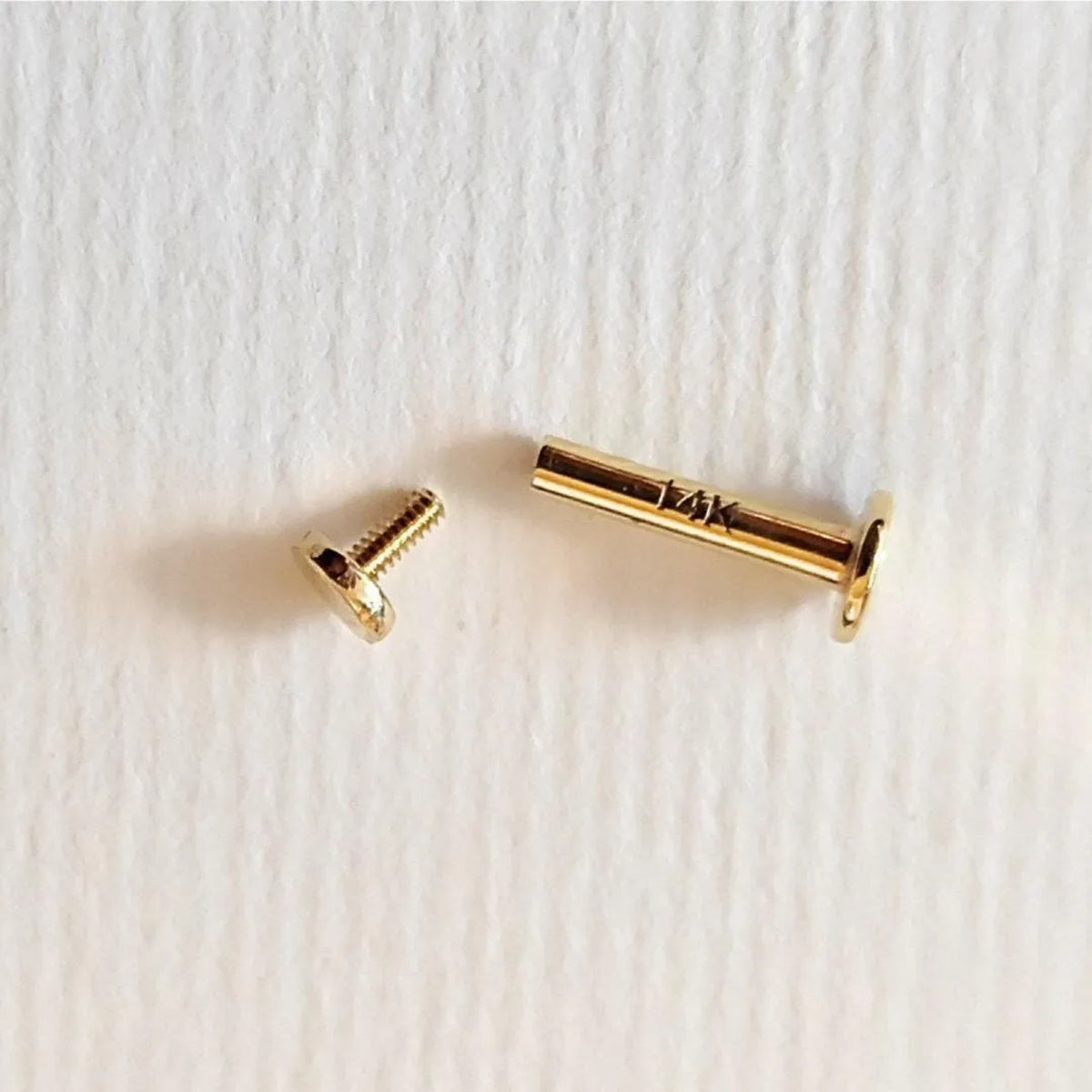 a small gold-colored screw and a small gold-colored bolt on a white surface.