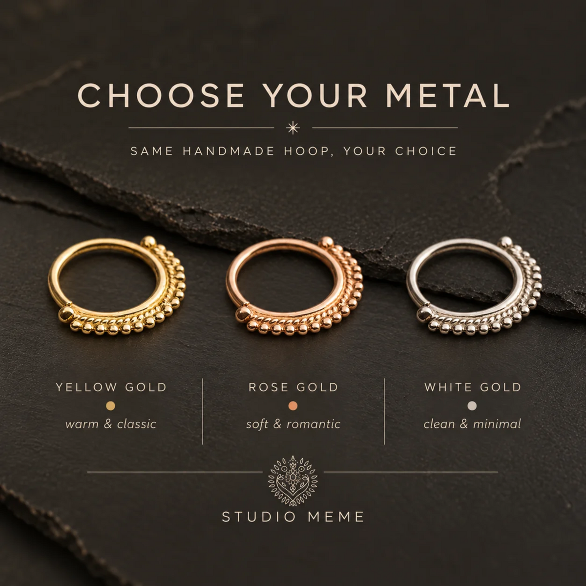 three different types of metal hoop earrings, each with a unique color and design, arranged on a dark background.