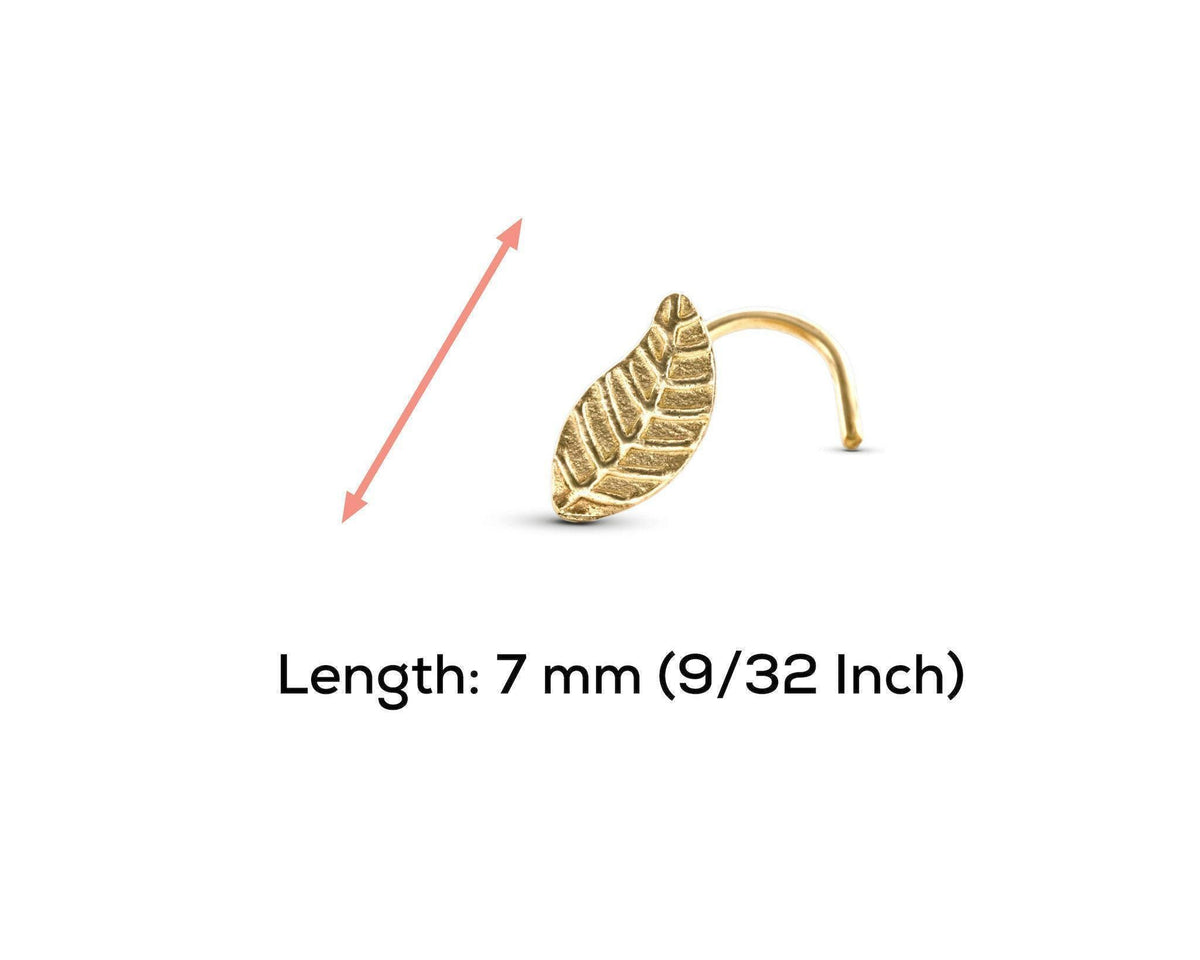 A gold leaf-shaped nose ring with a 7 mm (9/32 inch) length, as indicated in the text.