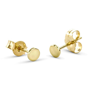 Dainty Gold Stud Earrings: A pair of gold-colored earrings with round pendants.