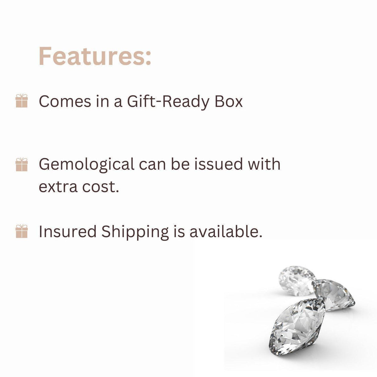a close-up of three diamonds, with text providing information about the product.