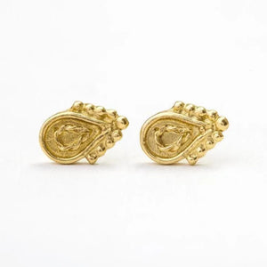 Gold Stud Earrings: a pair of gold-colored earrings with intricate designs, placed side by side on a white background.