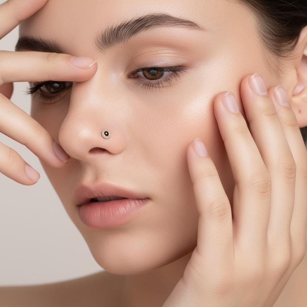 A close-up of a woman's face, with her eyes closed and her hand gently touching her nose.