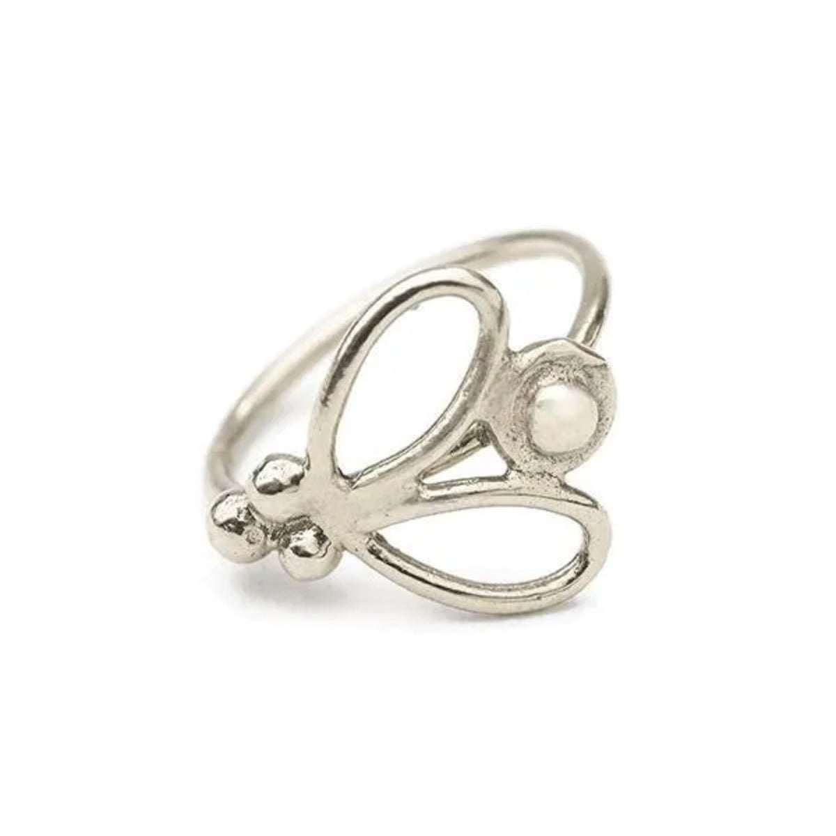 A silver ring with a decorative design featuring a flower-like shape and a pearl at the center.