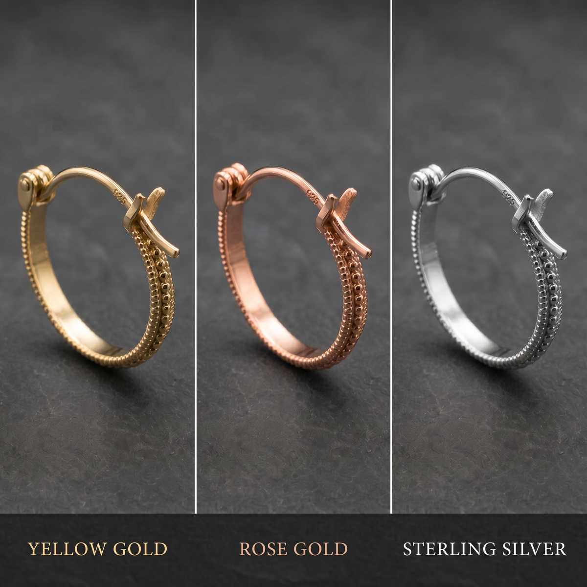 A collage of three different colored gold earrings, each with a unique design, displayed on a dark background.
