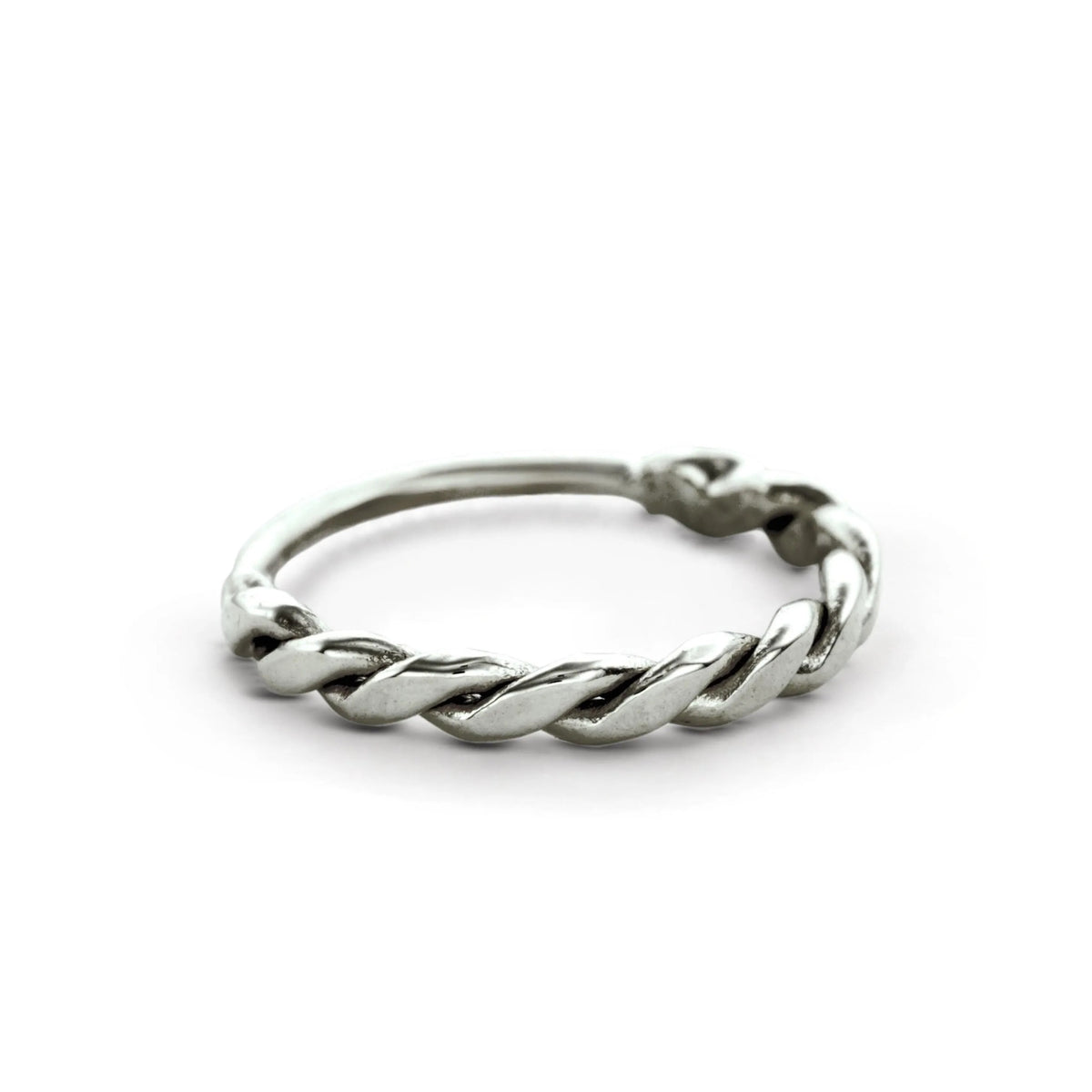 A silver ring with a twisted, braided design.