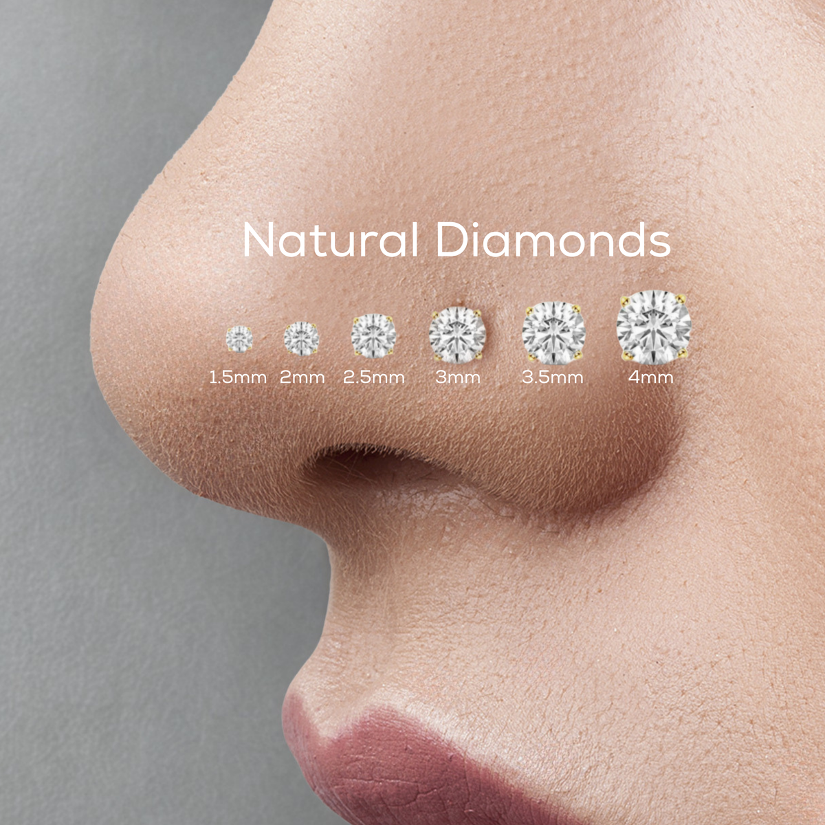 a close-up of a person's nose with a series of diamonds of varying sizes placed above it, indicating the different sizes of natural diamonds.