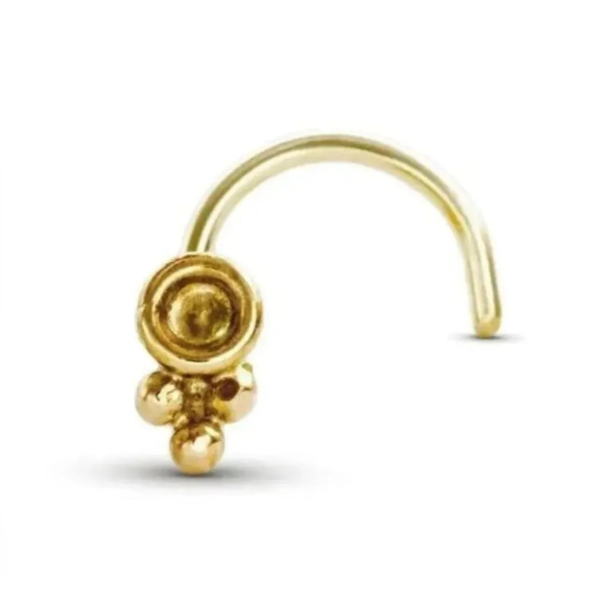 a gold-colored nose stud with a measurement scale indicating its length.