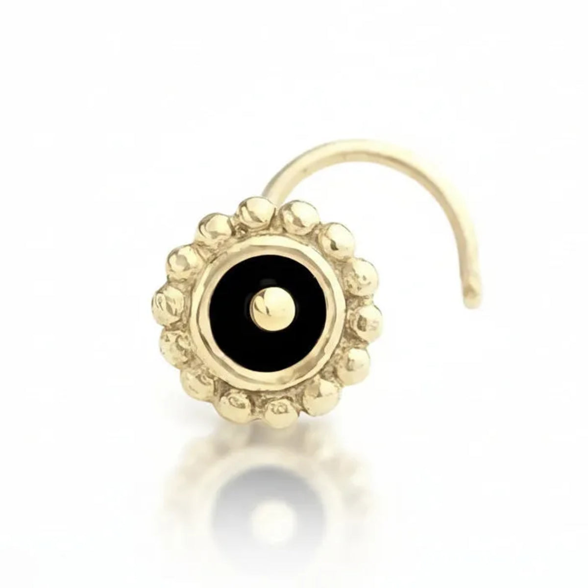A gold-colored nose ring with a black center and a decorative pattern around it, accompanied by a red line indicating the length of the nose ring, which is 6 mm (1/4 inch).