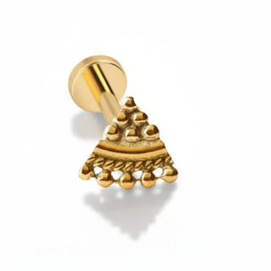 A gold-colored metal earring with a triangular shape and decorative elements, along with a measurement indicating its length.