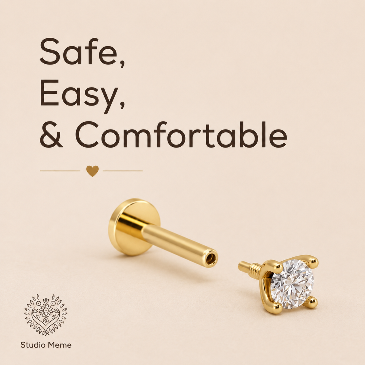 a gold-colored diamond earring with a clear gemstone, accompanied by the text "Safe, Easy, & Comfortable" and a heart symbol.