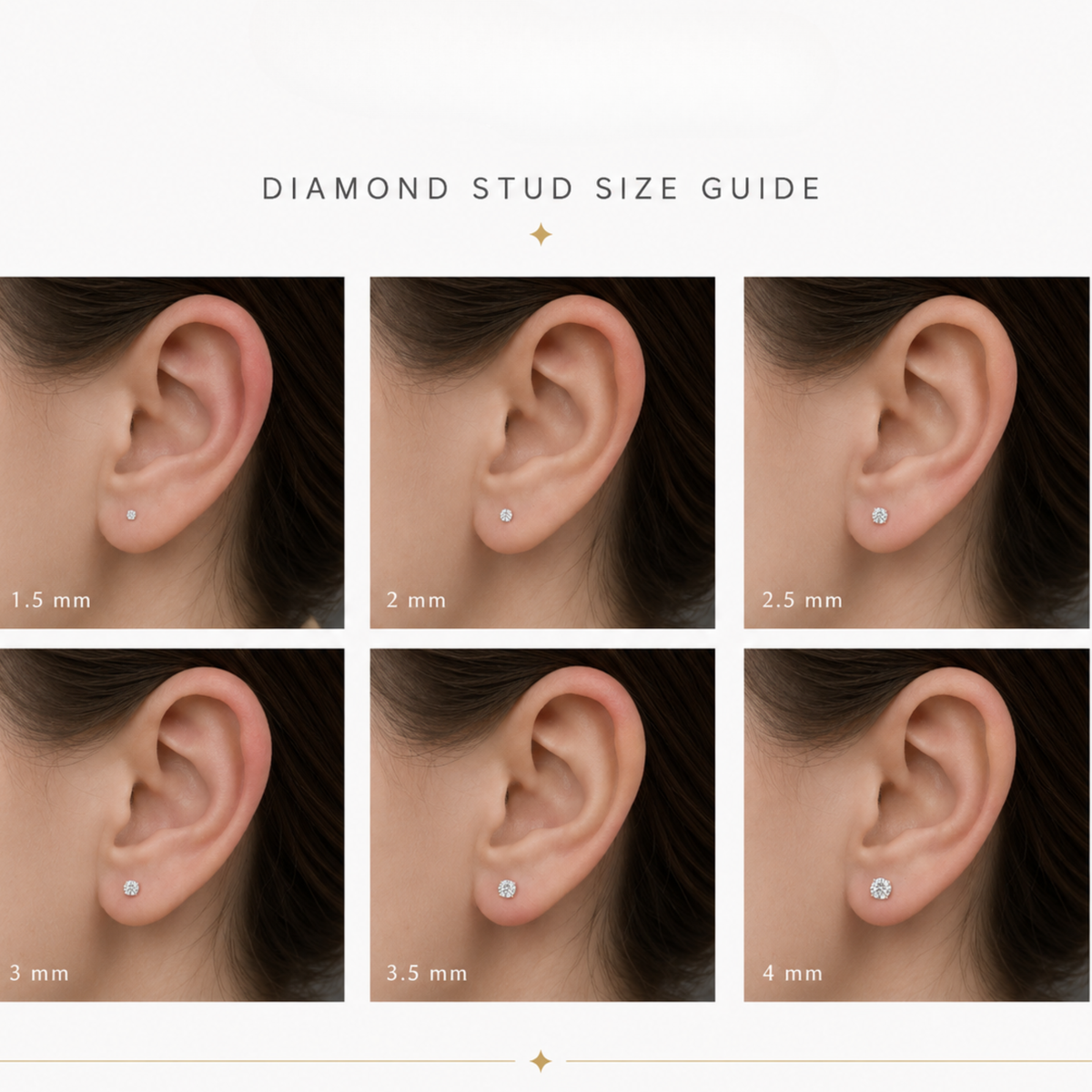 The image is a collage of six images showing different ear stud sizes, ranging from 1.5 mm to 3.5 mm.
